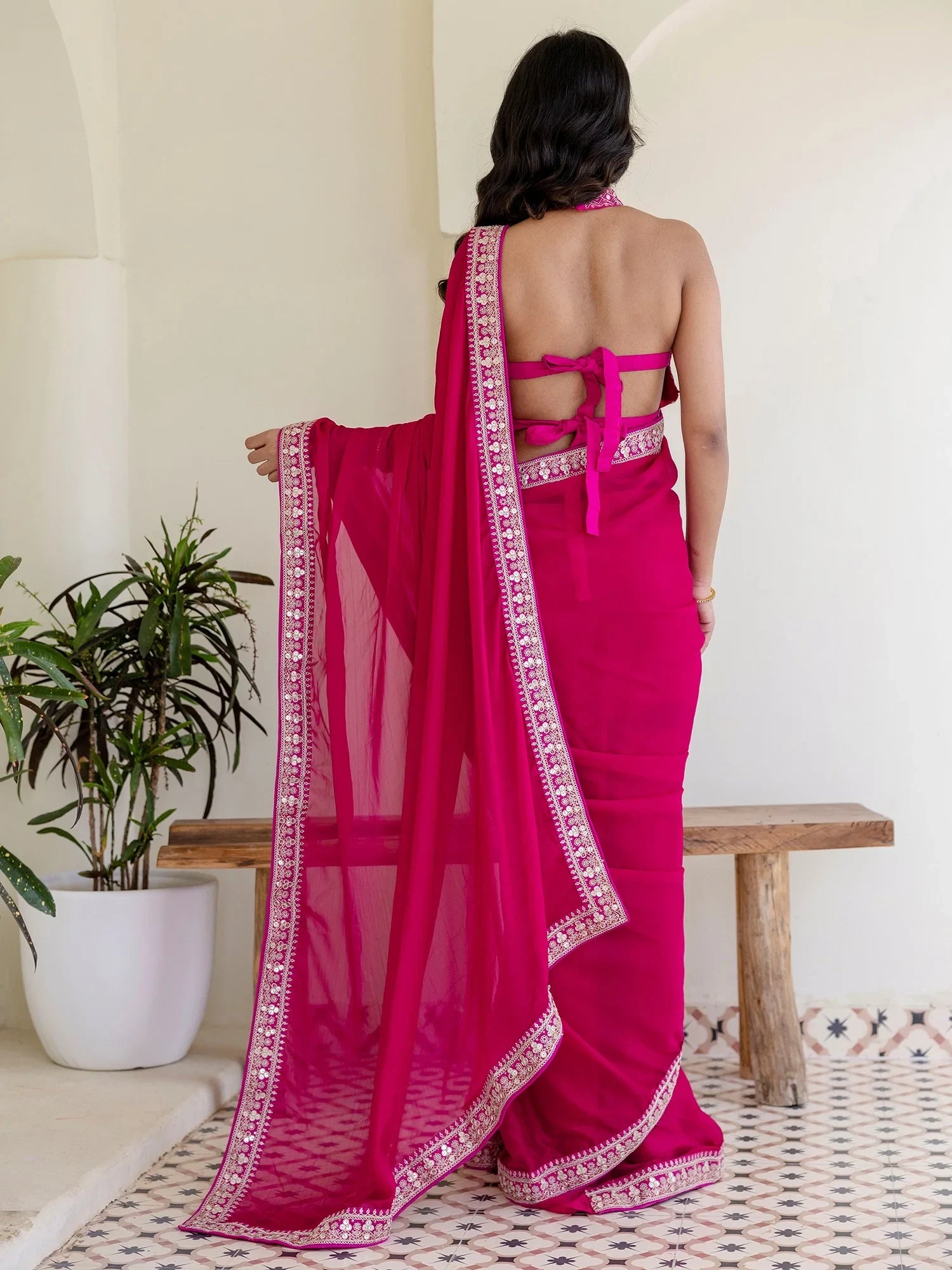 Charming Rani Pink Silk Sequins Embroidered Party Wear Saree