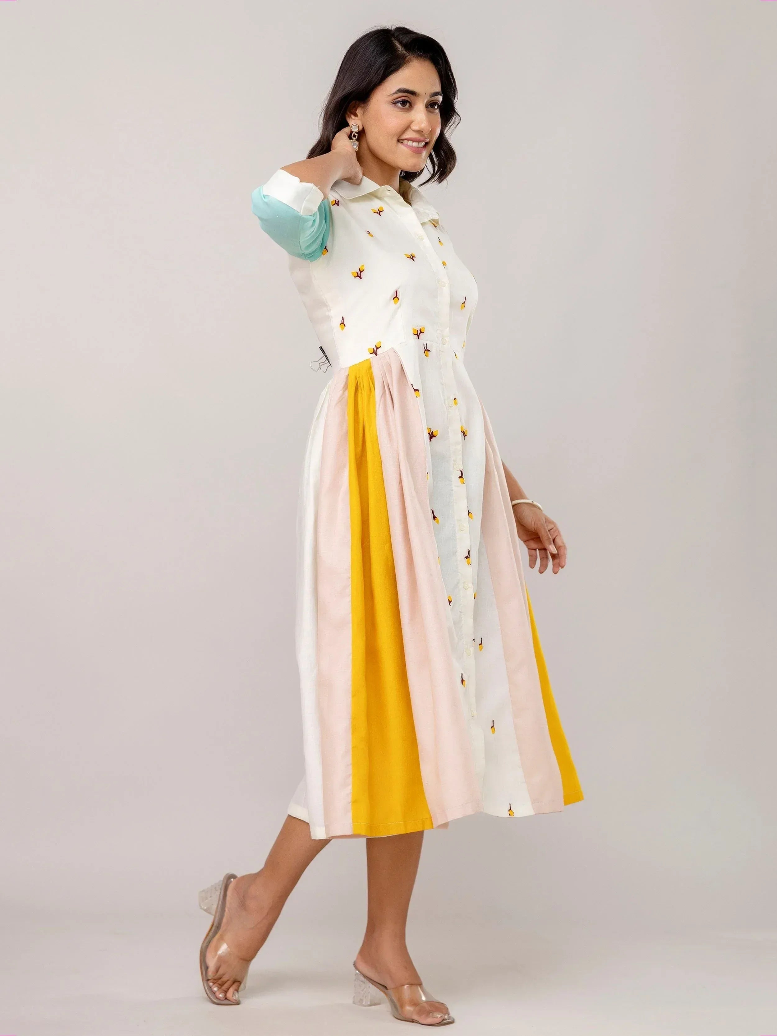 White embroidered kurta with pastel color-block skirt, ethnic wear for women