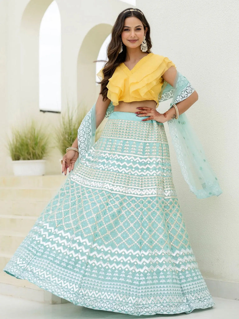 Precious Sky Blue Organza Foil Work Function Wear Lehenga Choli