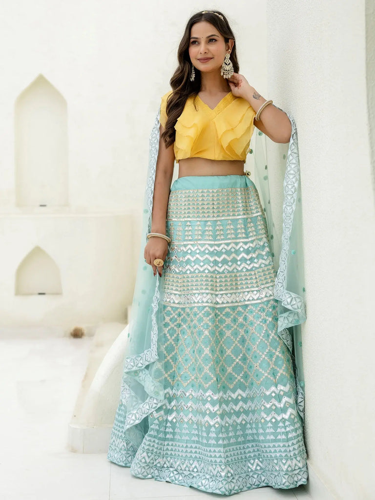 Precious Sky Blue Organza Foil Work Function Wear Lehenga Choli