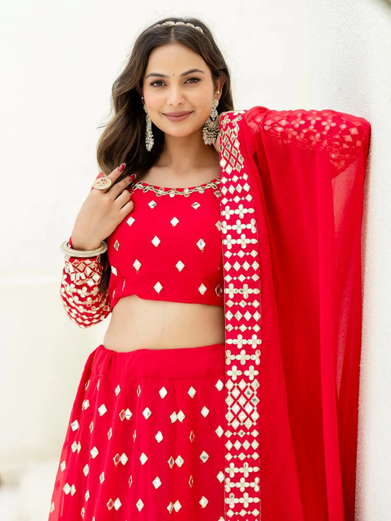 Desirable Red Georgette Foil Work Wedding Lehenga Choli