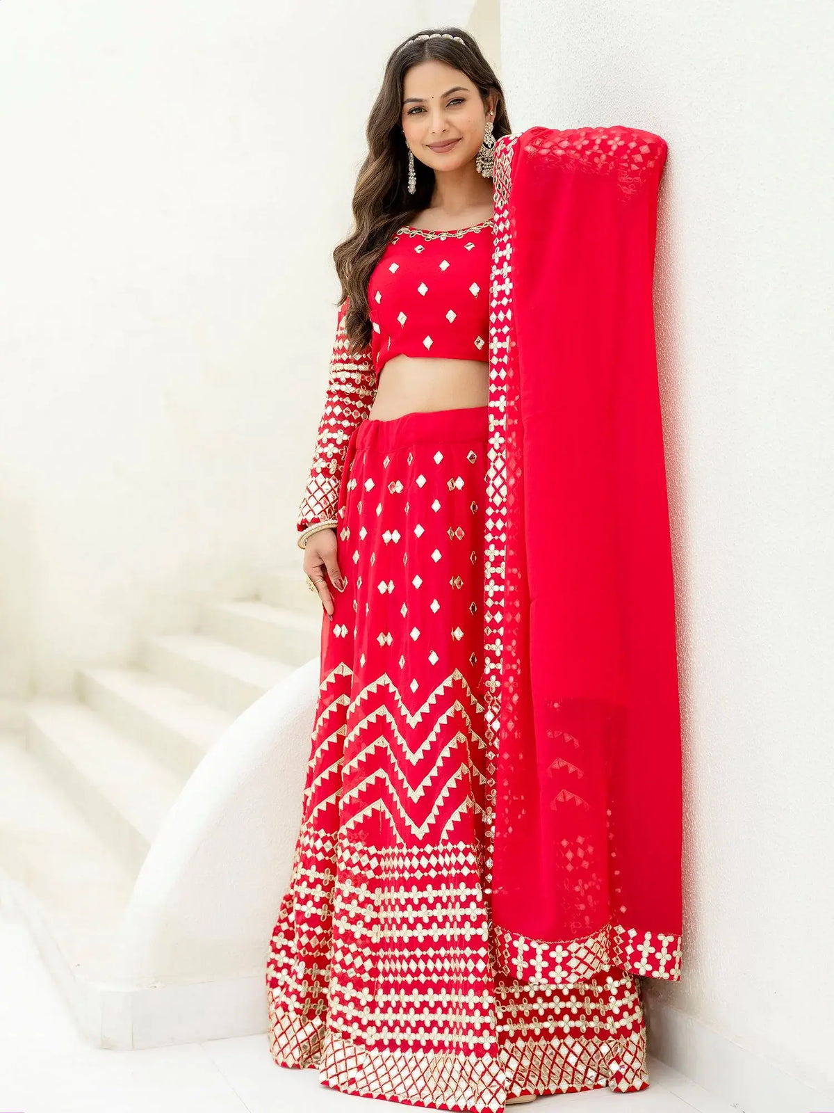 Desirable Red Georgette Foil Work Wedding Lehenga Choli