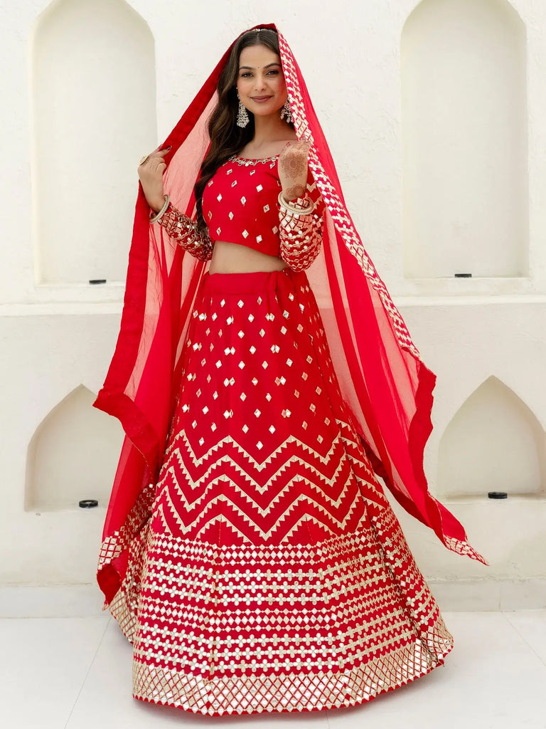 Desirable Red Georgette Foil Work Wedding Lehenga Choli