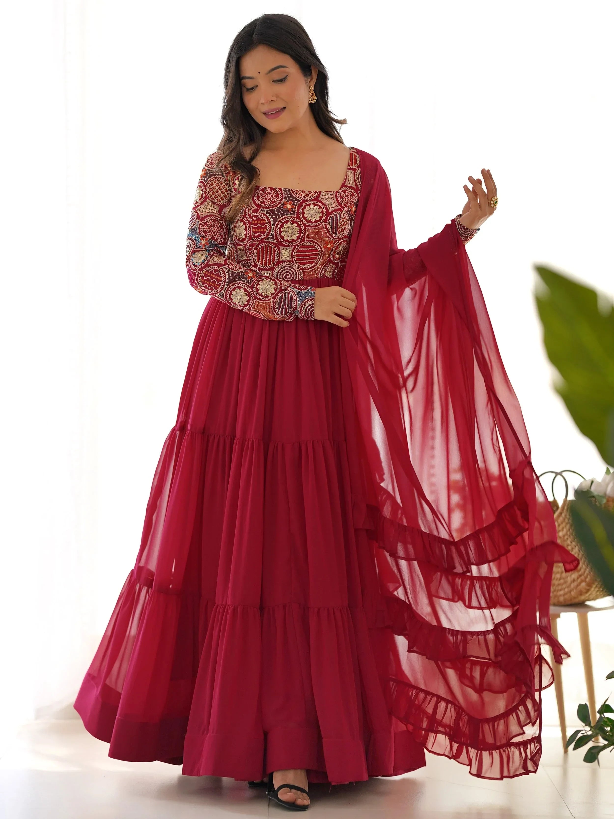Fabulous Maroon Embroidered Georgette Festive Wear Gown With Dupatta