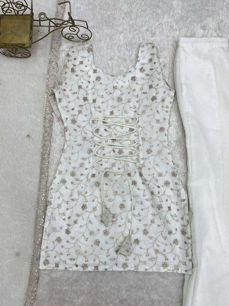 Esthetics White Sequins Silk Festive Wear Pant Suit