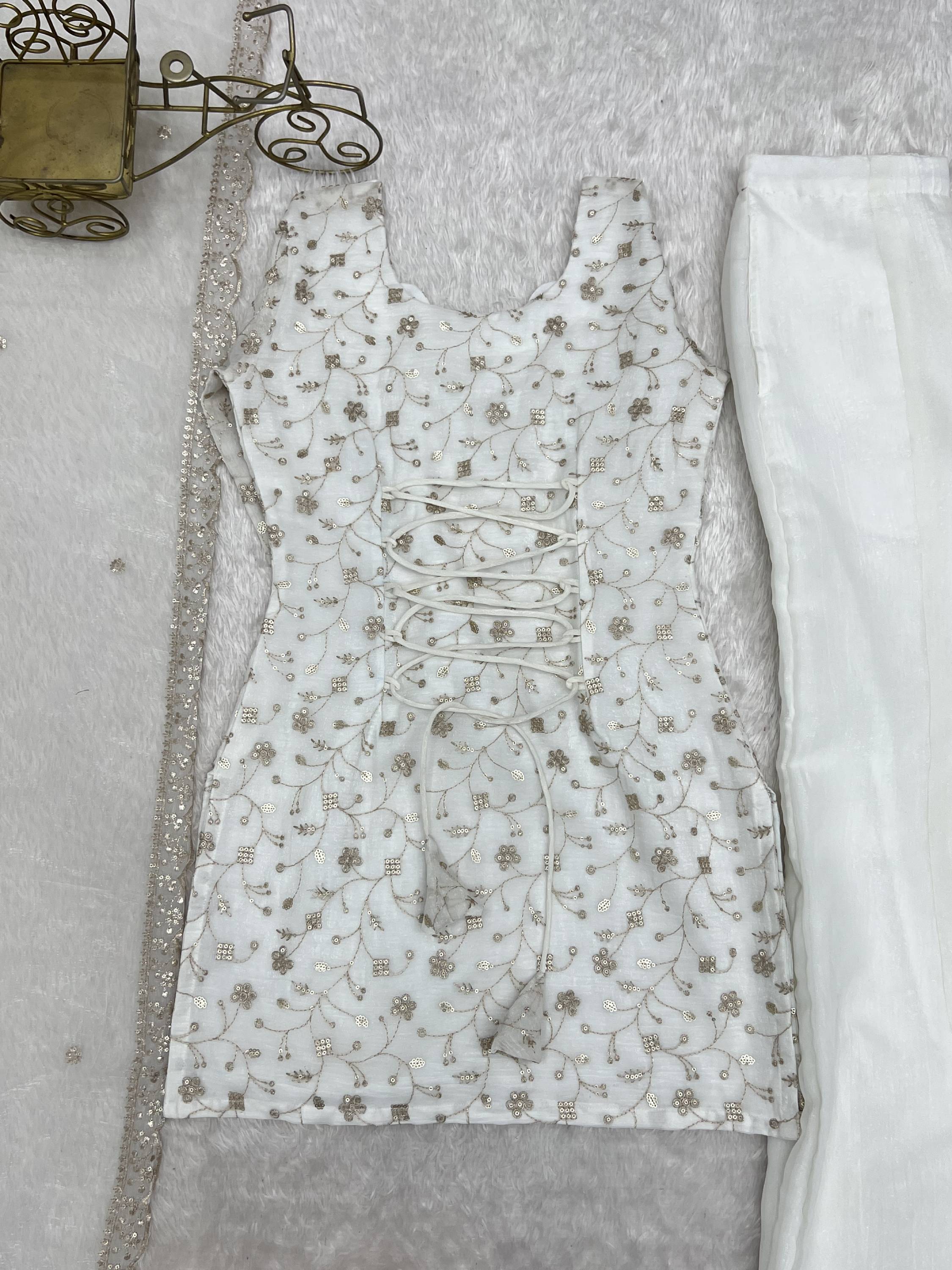 Esthetics White Sequins Silk Festive Wear Pant Suit