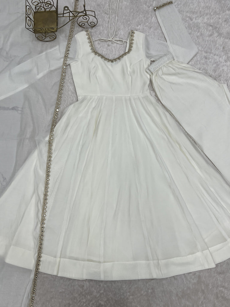 Alluring Off White Mirror Laced Chanderi Festive Wear Anarkali Suit