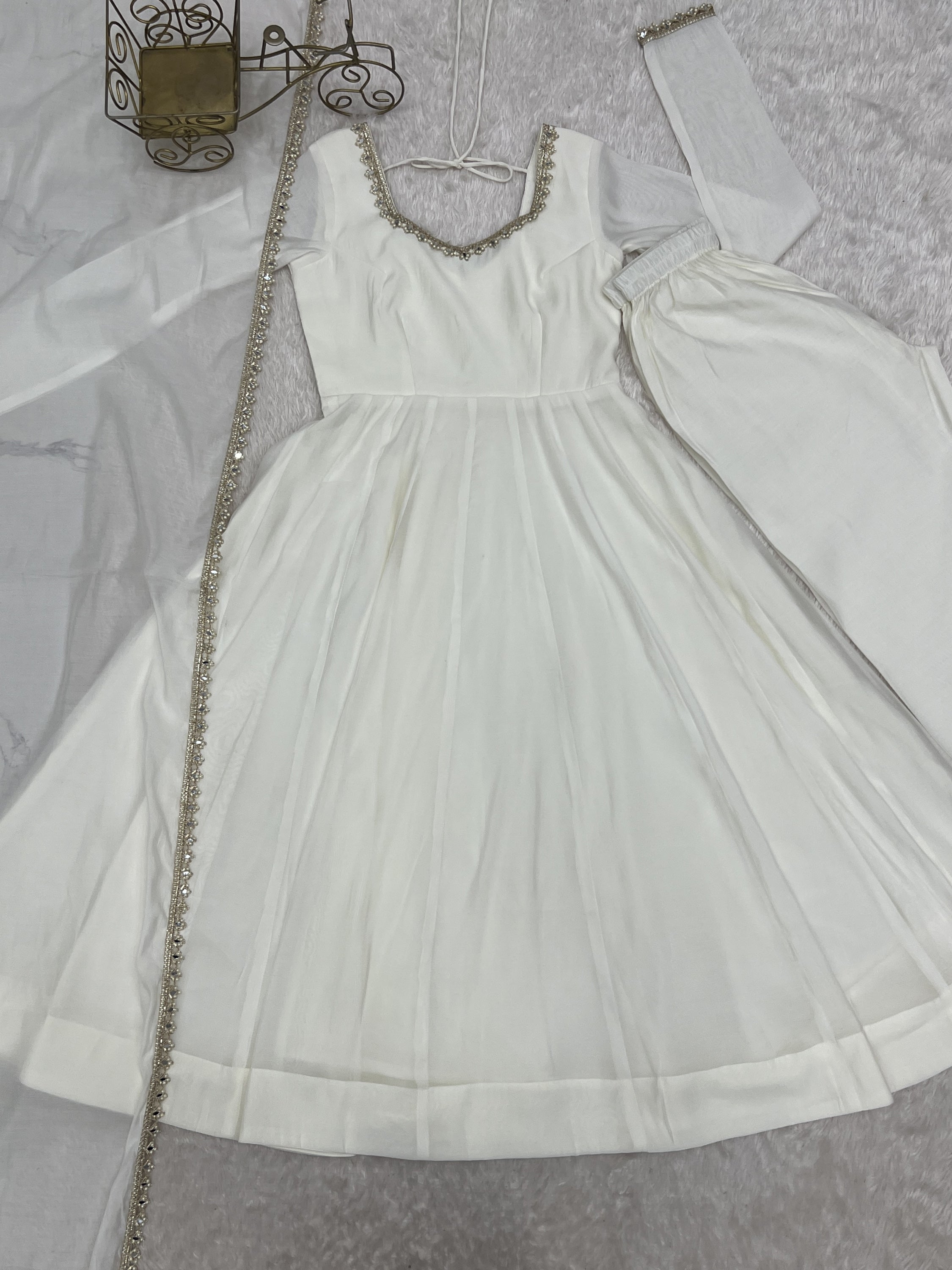 Alluring Off White Mirror Laced Chanderi Festive Wear Anarkali Suit
