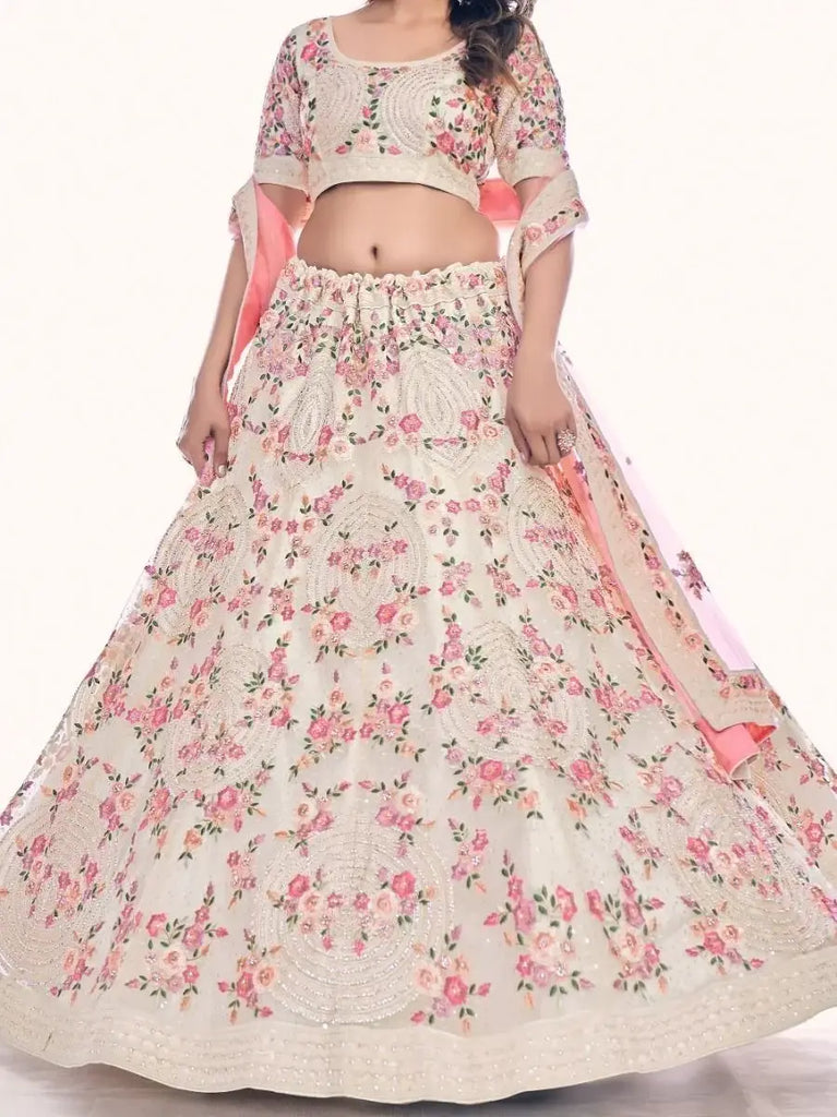 Adorable Off-White Embroidered Soft Net Wedding Lehenga Choli