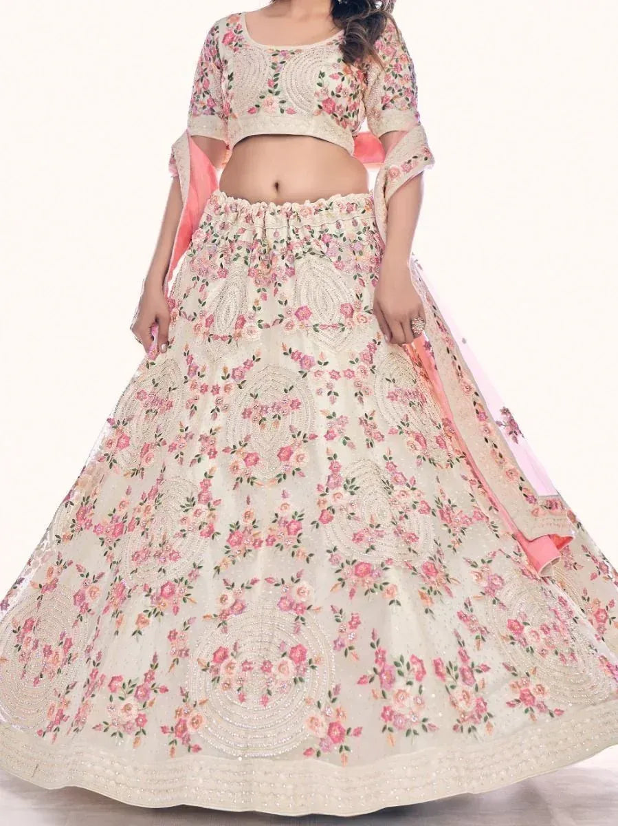 Floral embroidered lehenga choli with pink dupatta, Indian ethnic wear for weddings and festivals