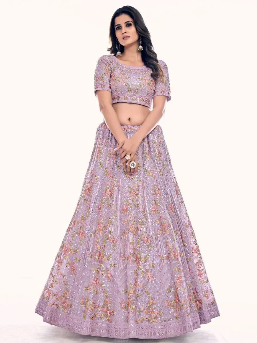 Lavender floral embroidered lehenga choli with short sleeves, perfect for Indian ethnic occasions