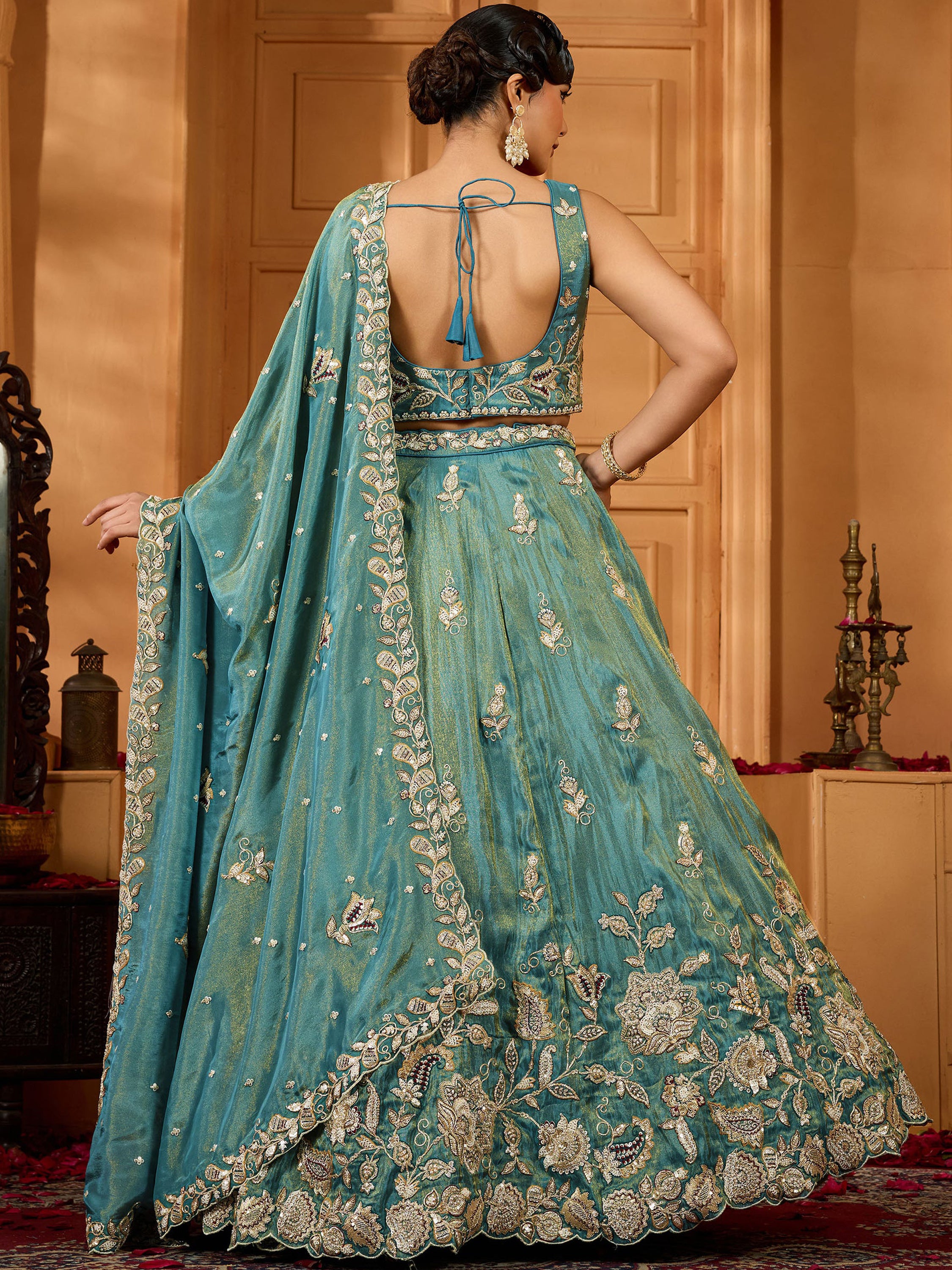 Graceful Teal Blue Floral Embroidery Tissue Traditional Lehenga Choli
