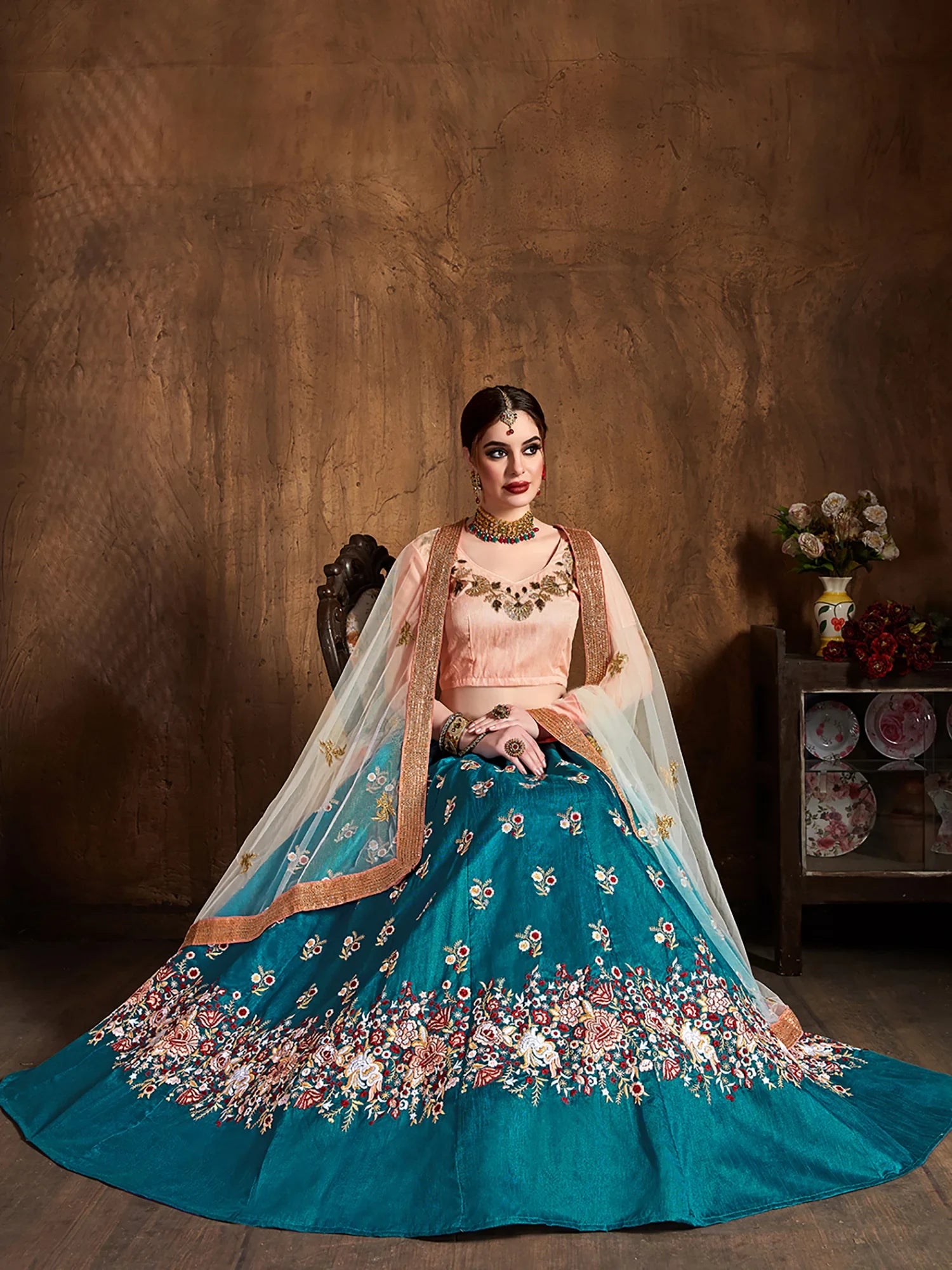 Glamorous Blue Embroidered Silk Festival Wear Plus Size Lehenga Choli