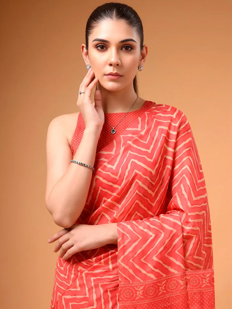 Likeable Coral Red Zig-Zag Printed Satin Wedding Wear Saree With Blouse