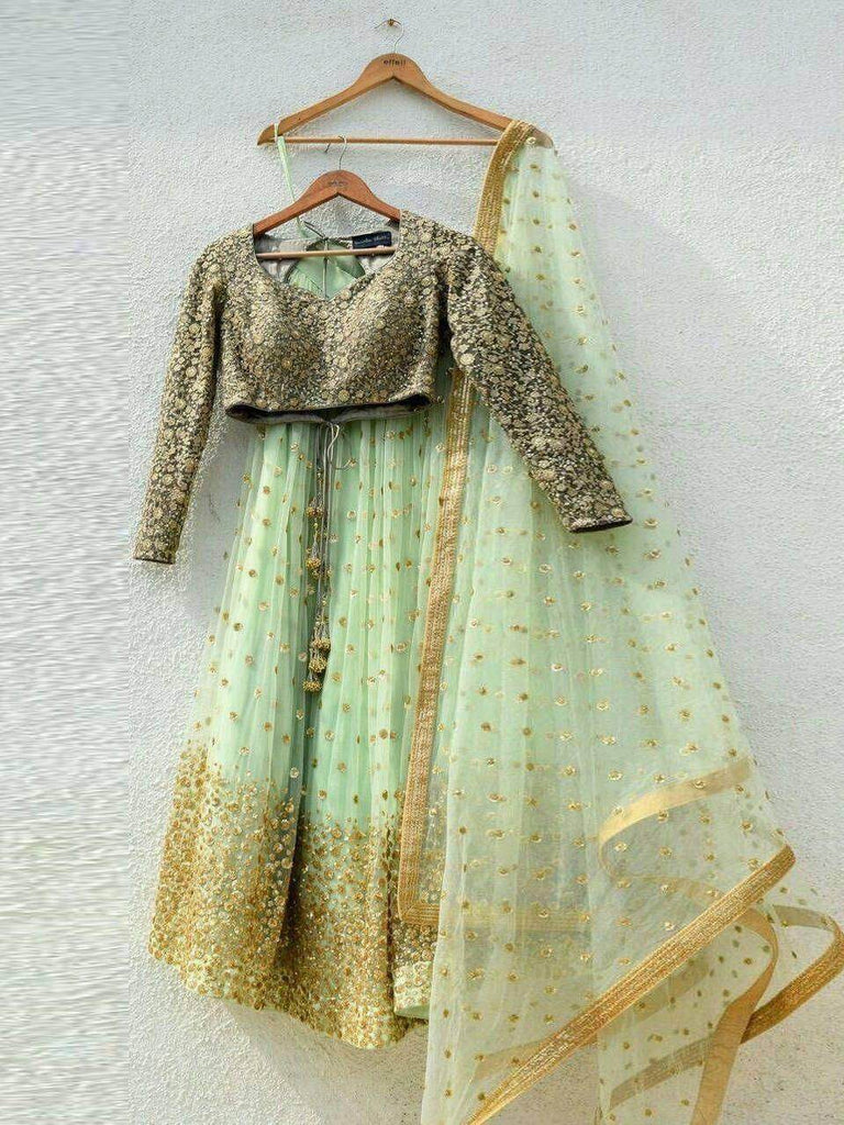 Pista Green Sequins Net Festive Wear Lehenga Choli With Dupatta