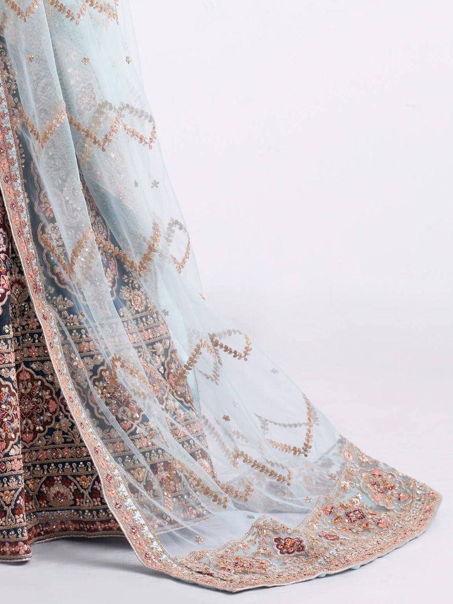 Light blue embroidered lehenga with gold and floral detailing, perfect for Indian ethnic wear