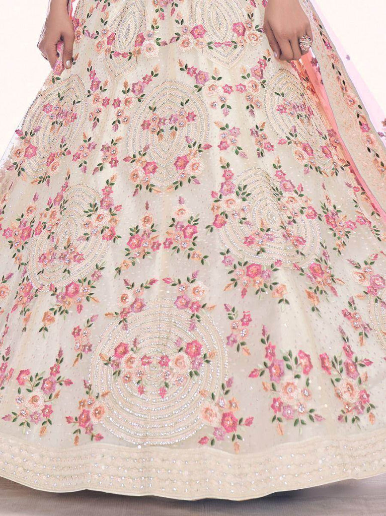 Adorable Off-White Embroidered Soft Net Wedding Lehenga Choli