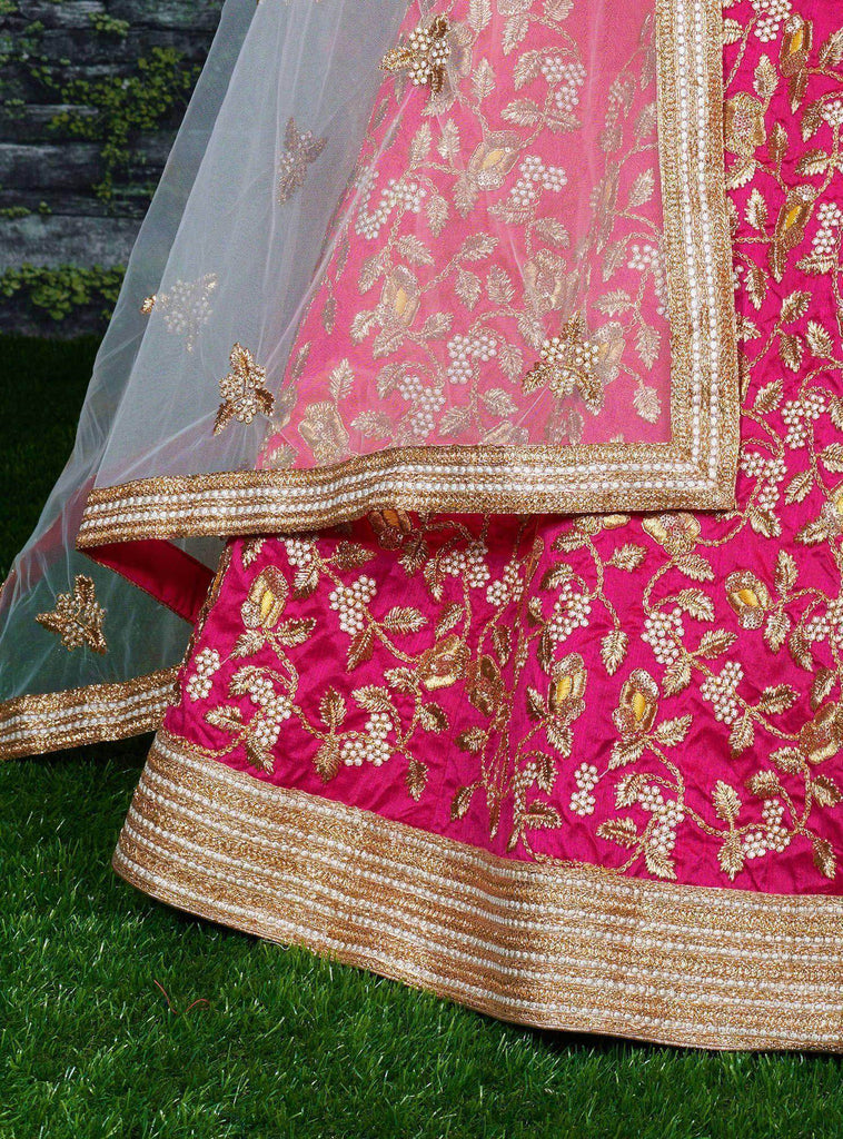 Pink Thread Embroidery Mulberry Silk Bridal Lehenga With Yellow Choli