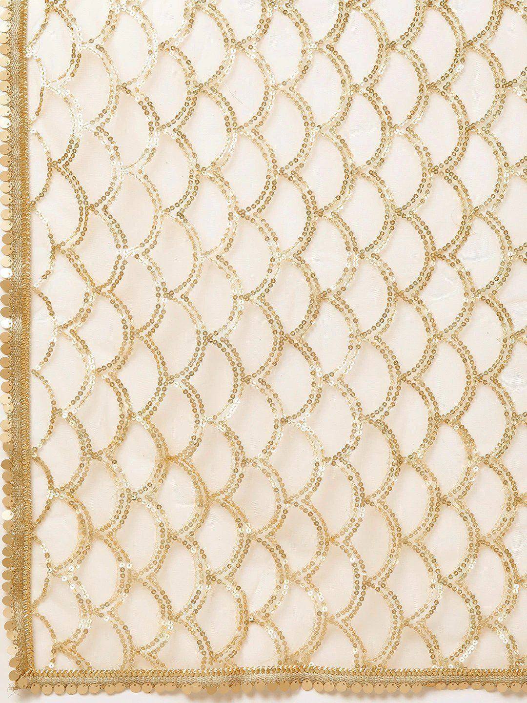 Gold sequin net fabric with geometric pattern, ideal for designer lehenga choli or ethnic gown