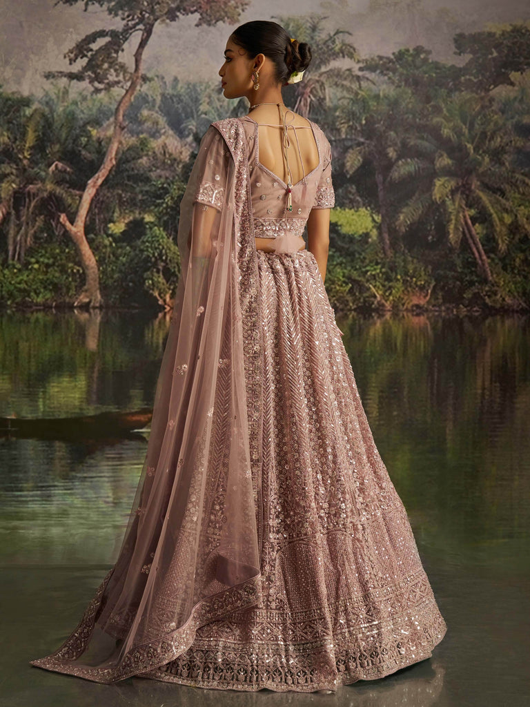 Mesmerizing Mauve Net Sequins Bridesmaid Lehenga Choli With Dupatta