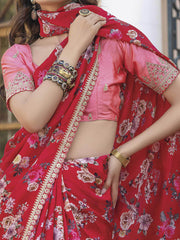 Timeless Red Lace Embroidered Silk Festival Wear Saree With Blouse