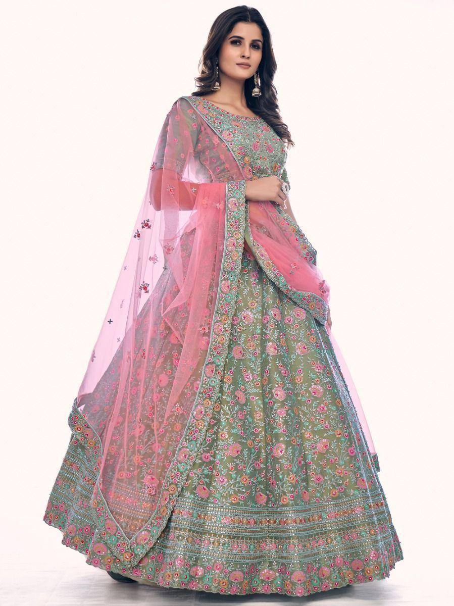 Green floral embroidered lehenga choli with pink dupatta, Indian ethnic wear for weddings and festivals