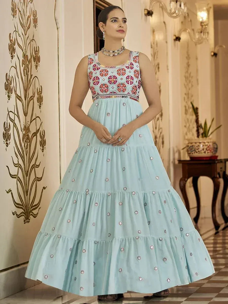 Light blue tiered ethnic gown with floral embroidery, perfect for Indian occasions and festive wear