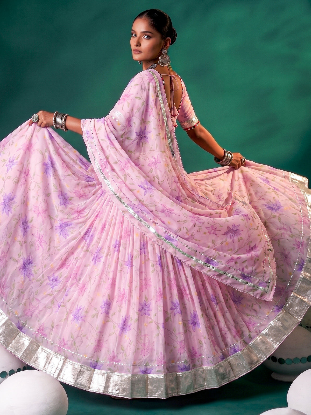 Artistic Pink Floral Printed Silk Wedding Wear Lehenga Choli With Dupatta