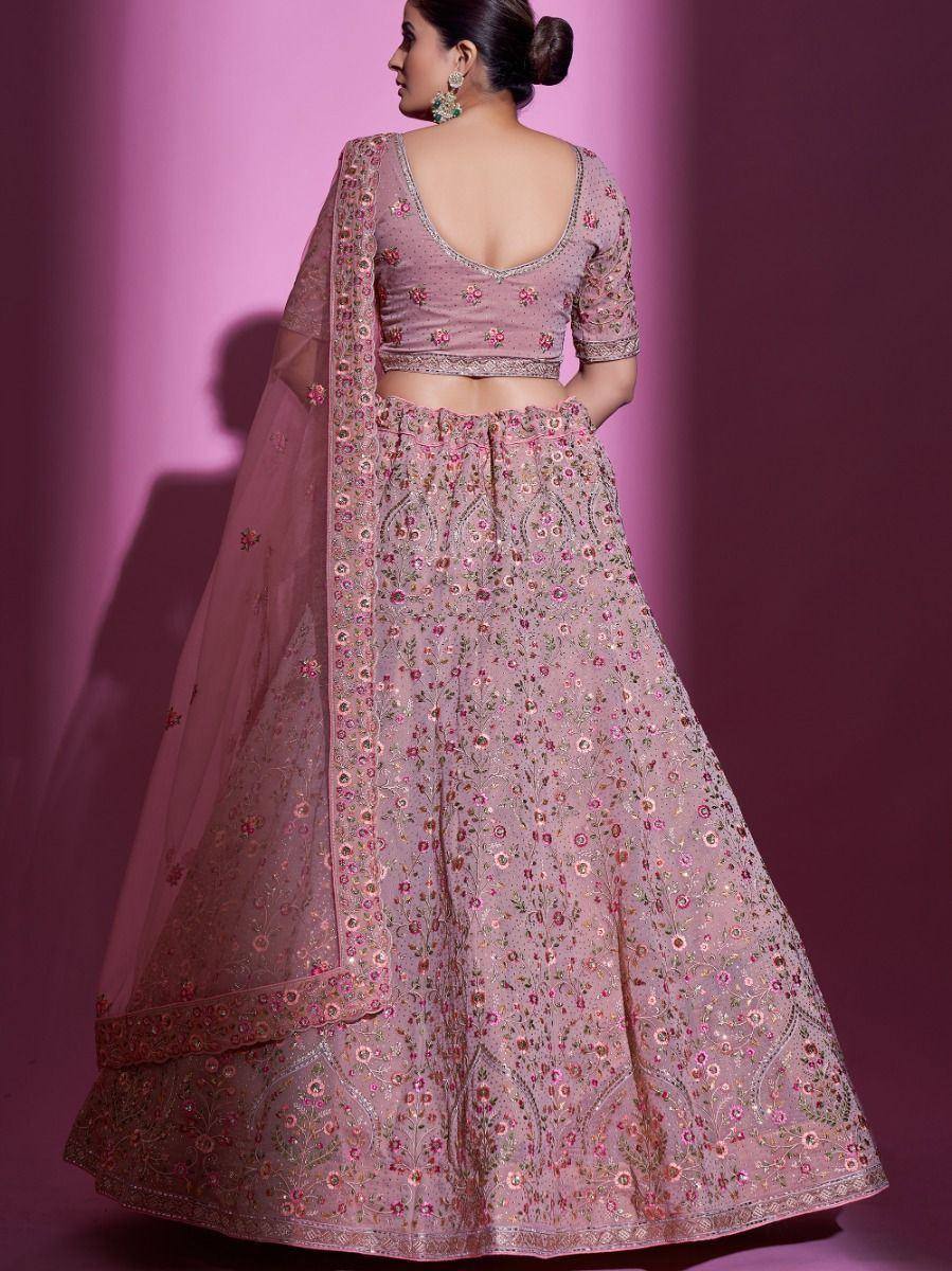 Pink floral embroidered lehenga choli with sheer dupatta, designer ethnic wear for women