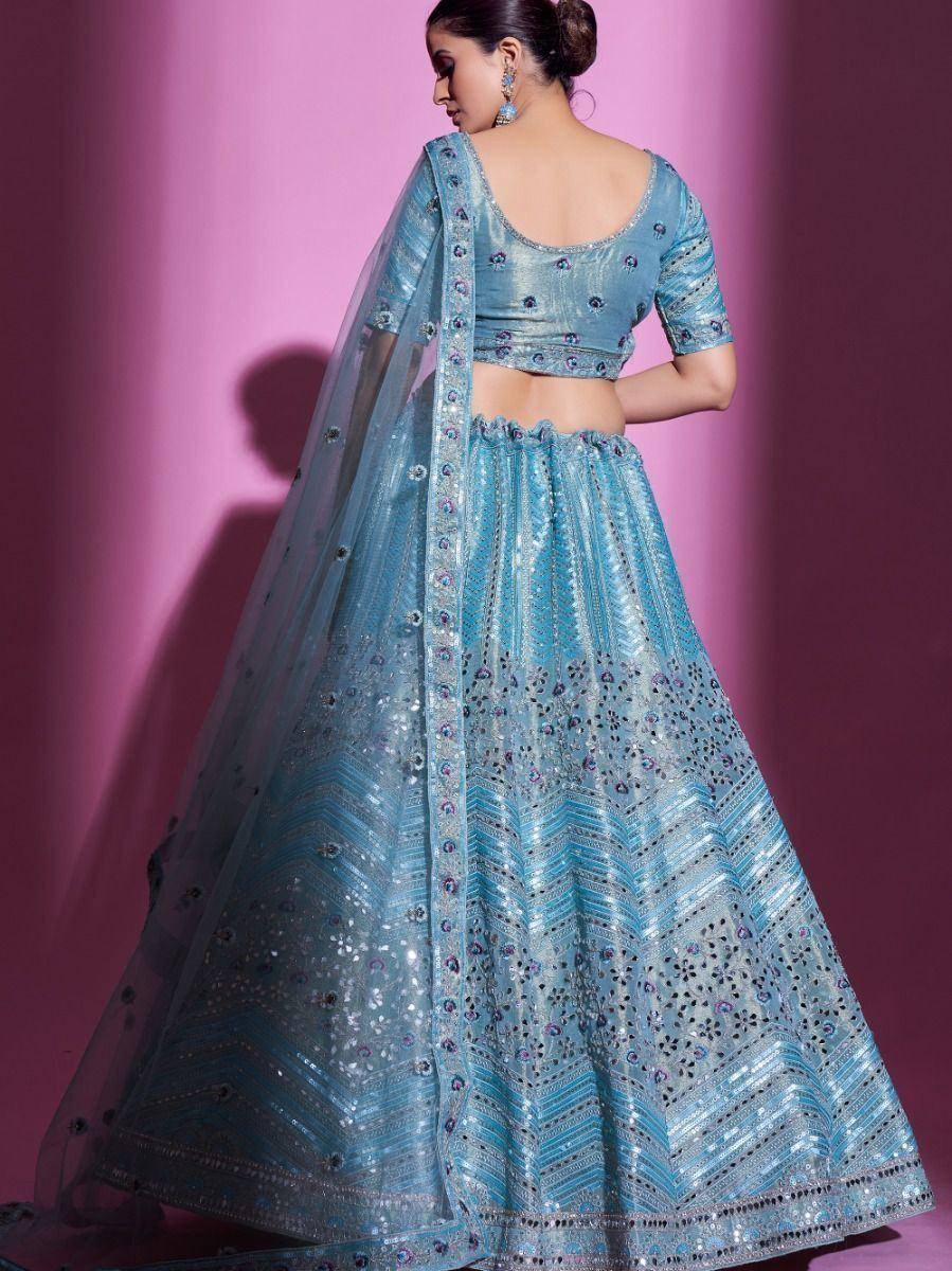Light blue embroidered lehenga choli with sheer dupatta, perfect for Indian weddings and festive occasions