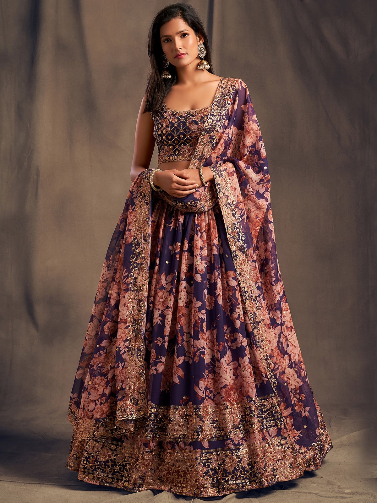 Precious Purple Printed Organza Wedding Wear Plus Size Lehenga Choli