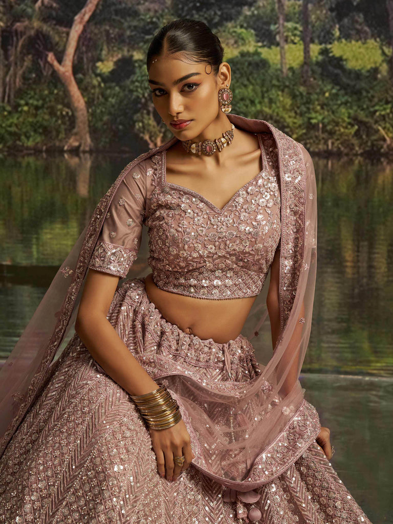 Mesmerizing Mauve Net Sequins Bridesmaid Lehenga Choli With Dupatta