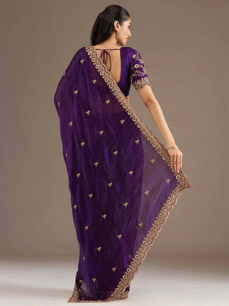 Beautiful Purple Zari Embroidered Silk Party Wear Saree With Blouse
