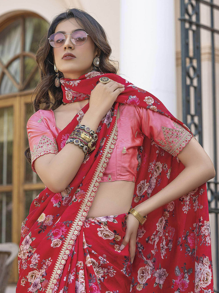 Timeless Red Lace Embroidered Silk Festival Wear Saree With Blouse