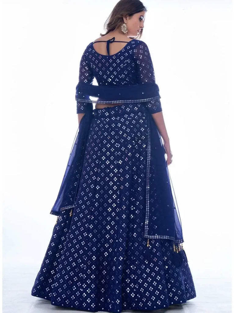 Wonderful Navy-Blue Thread Embroidered Georgette Lehenga Choli