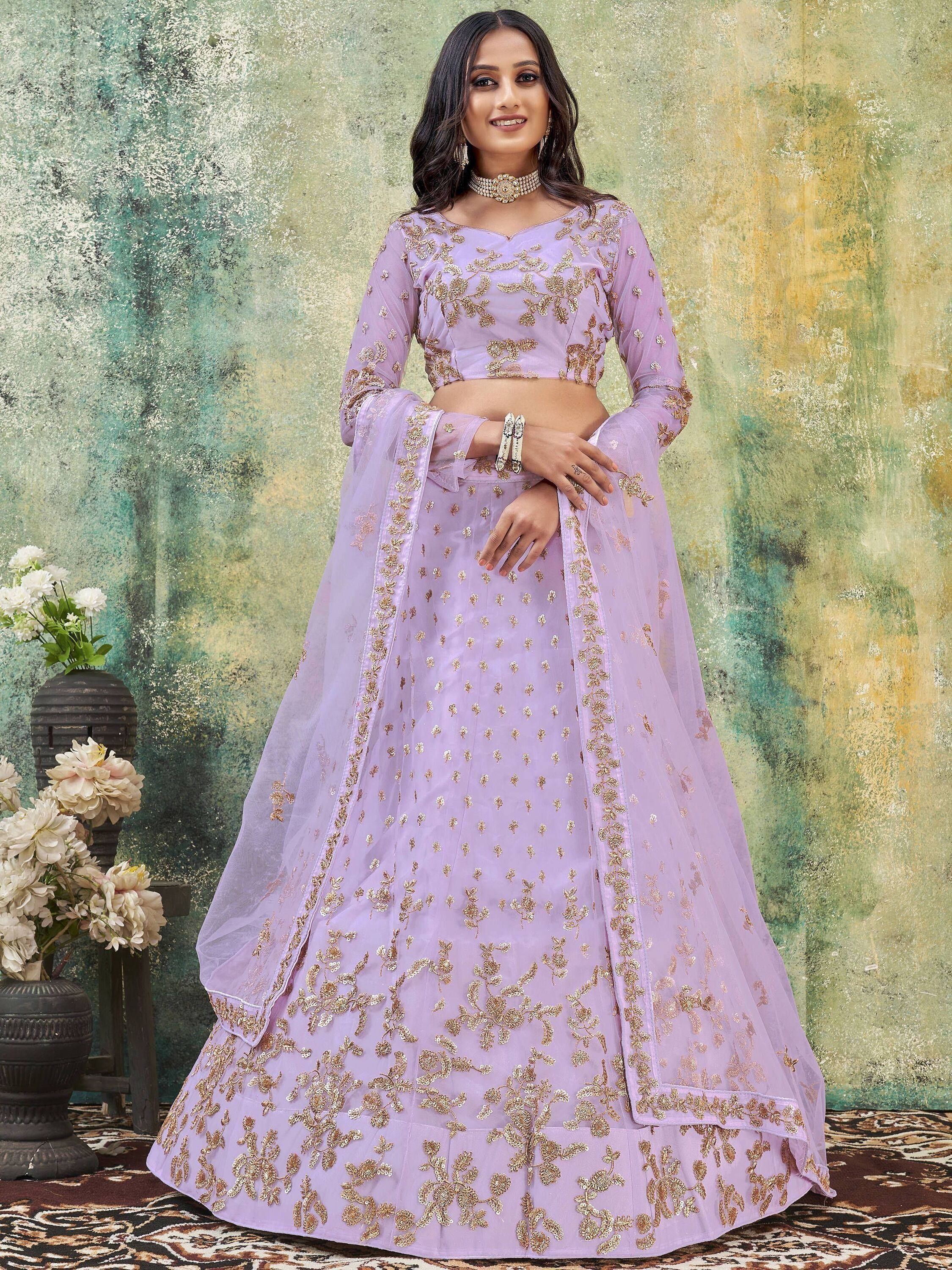 Lavender designer lehenga choli with gold embroidery, perfect for Indian ethnic wear and weddings.