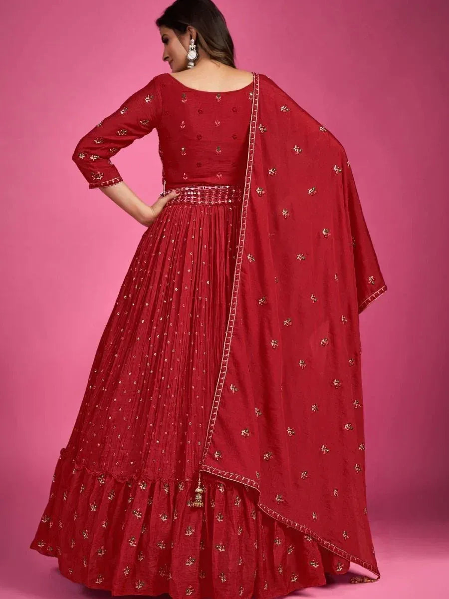 Red embroidered lehenga choli with dupatta, ethnic Indian wear for women