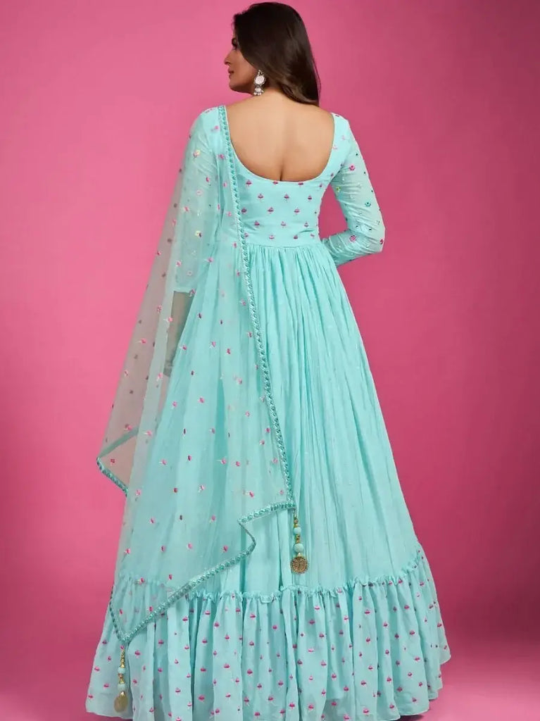 Exceptional Sky-Blue Mirror Work Silk Gown With Dupatta