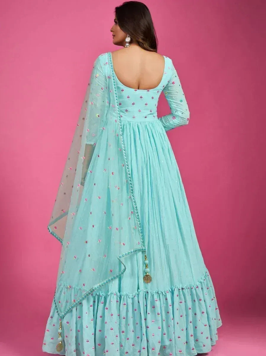 Light blue embroidered anarkali with sheer dupatta, back view, ethnic wear for women