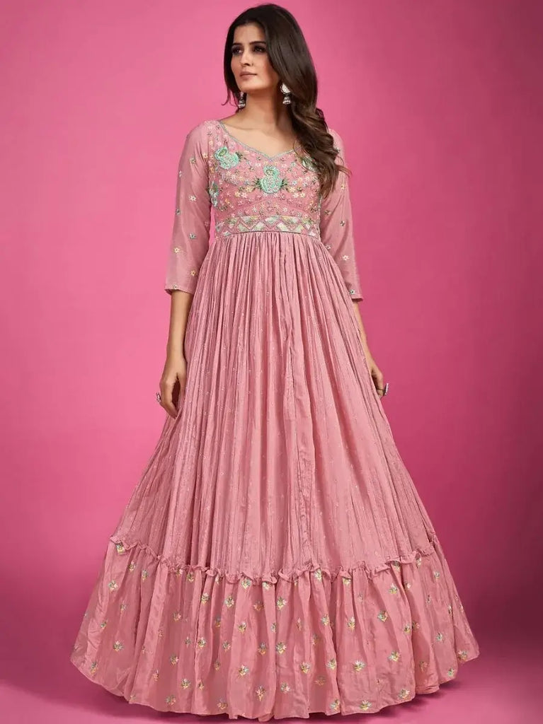 Remarkable Baby-Pink Sequins Silk Gown With Dupatta