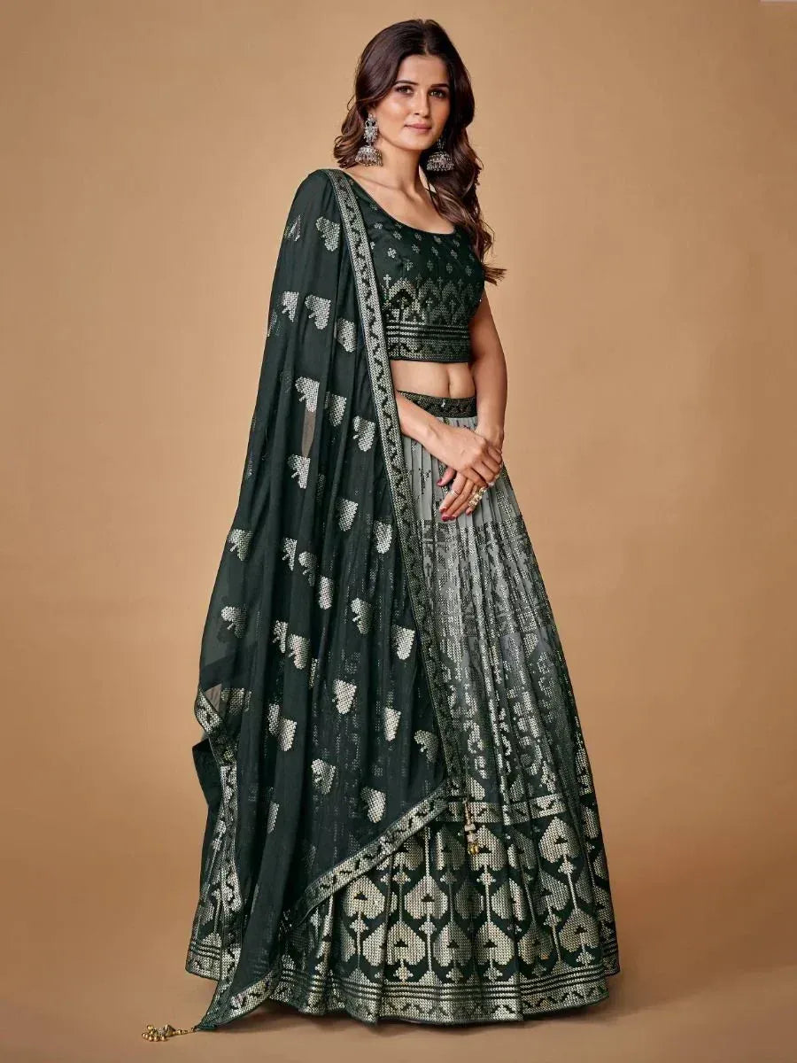 Elegant dark green lehenga choli with silver embroidery, perfect for Indian ethnic occasions