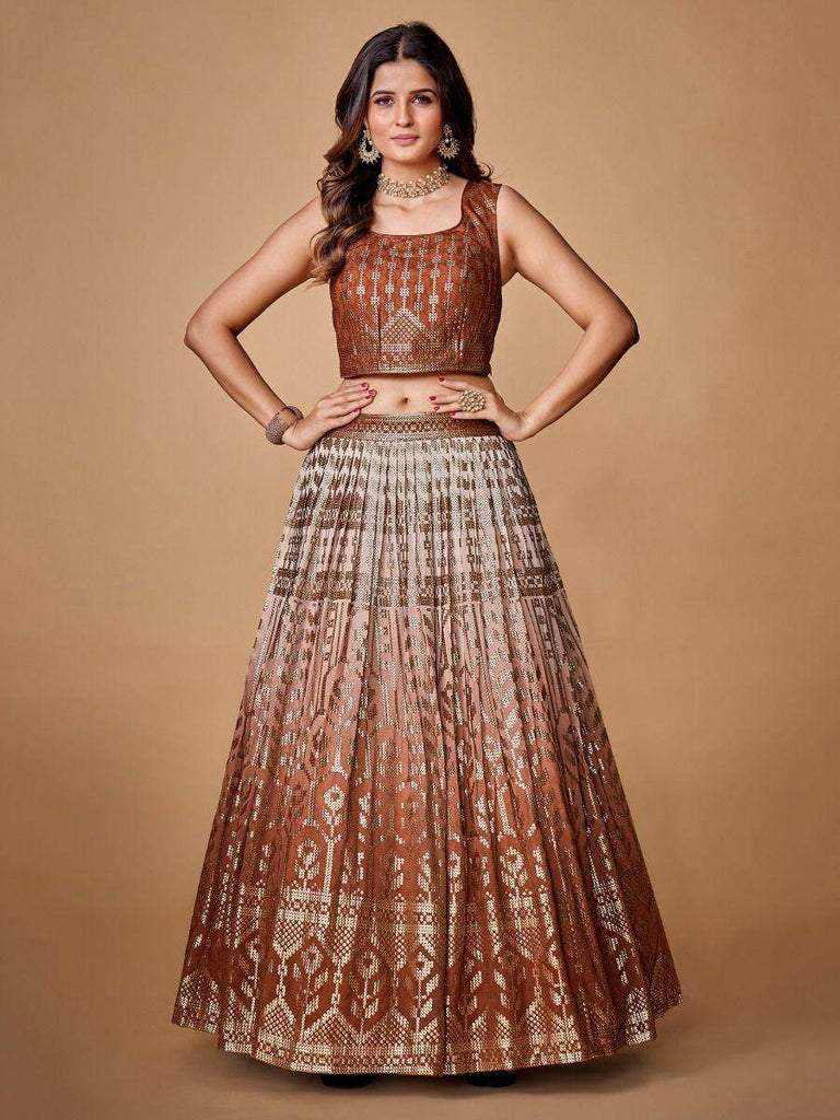 Impressive Brown Sequined Georgette Cocktail Party Lehenga Choli