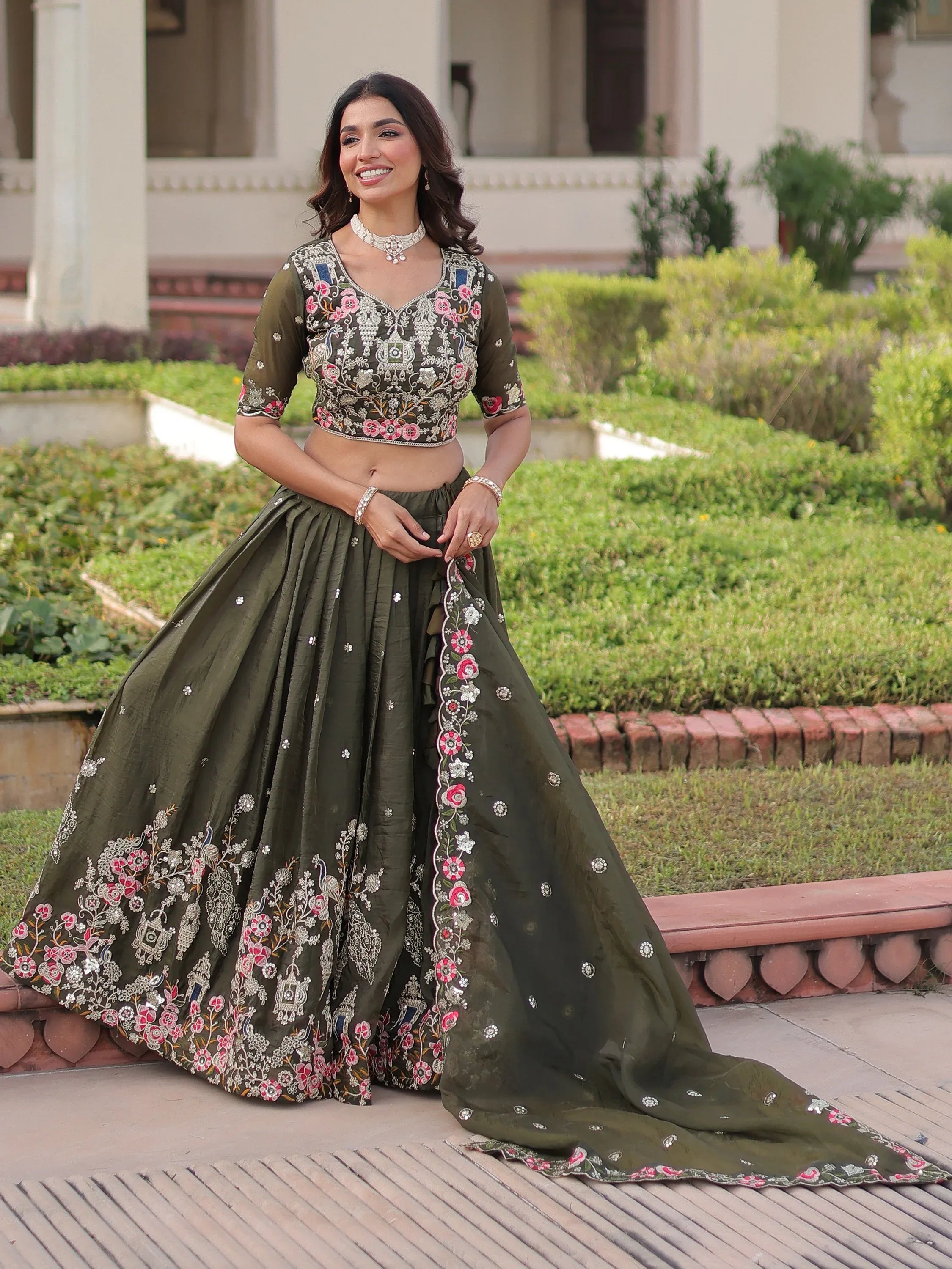 Alluring Olive Green Codding Work Crushed Evening Wear Lehenga Choli