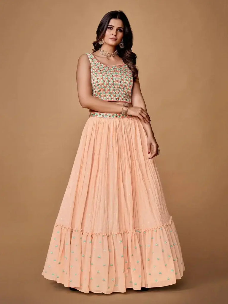 Fascinating Peach Floral Embroidered Chiffon Party Lehenga Choli