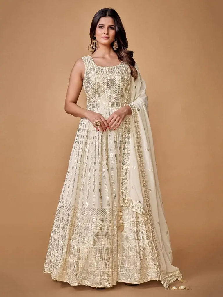 Divine Pearl White Sequins Georgette Festive Wear Gown with dupatta