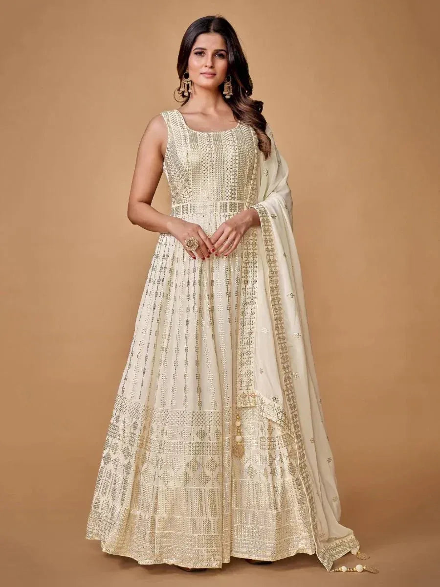 Cream embroidered anarkali suit with dupatta, Indian ethnic wear for women