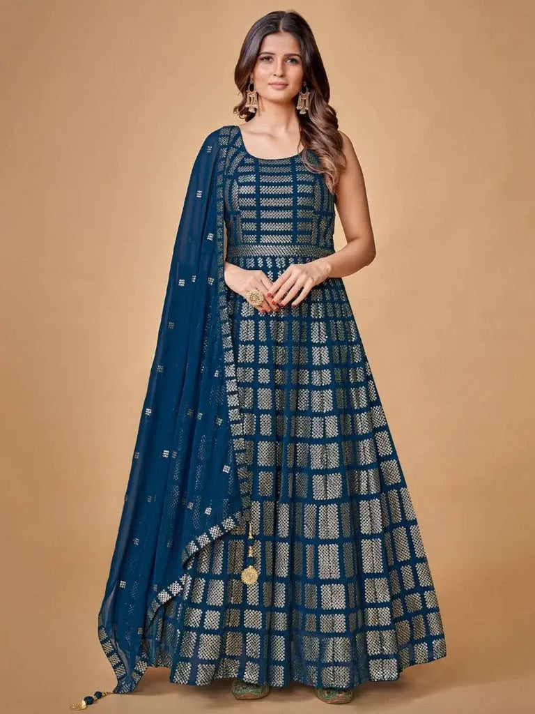 Ornate Navy Blue Sequined Work georgette festival Wear Gown