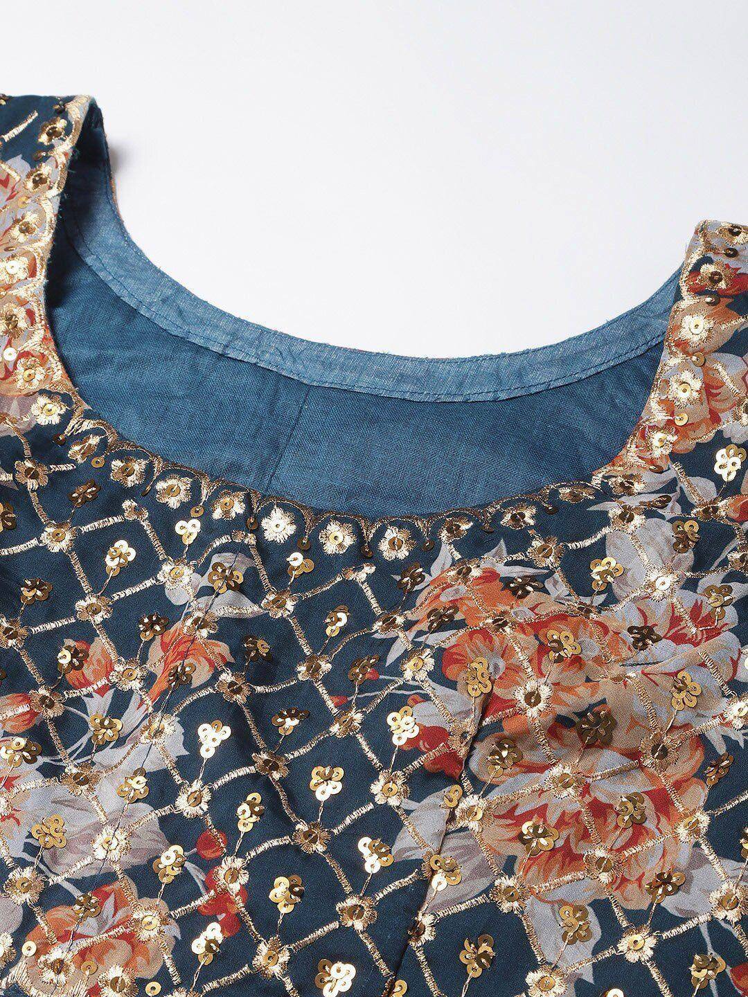 Blue floral ethnic top with gold sequin embroidery and round neckline
