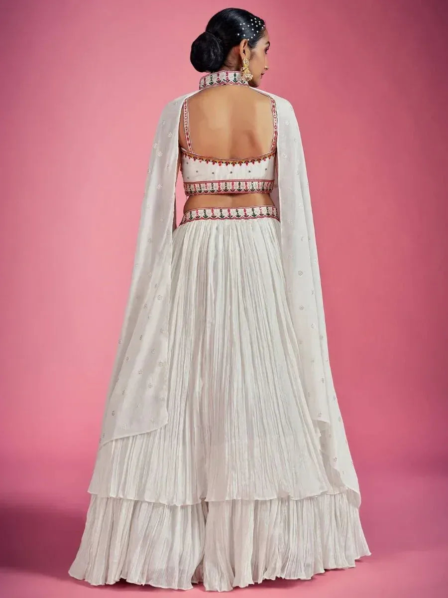 White embroidered lehenga choli with open back and dupatta, Indian ethnic wear for women