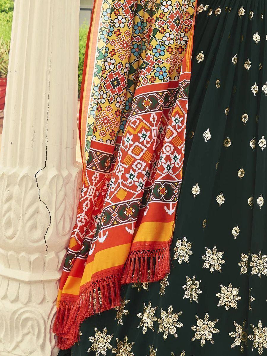 Green embroidered lehenga with colorful floral dupatta, Indian ethnic wear